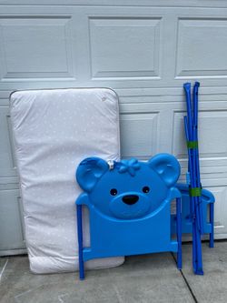 Blue Bear Toddler Bed with Mattress + Hardware — Complete Set