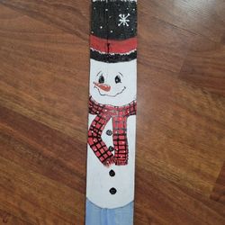 Double sided- hand painted snowman/ scarecrow on pressure treated worn wood.
