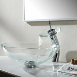 Wonline Bathroom Tempered Clear Glass Vessel Sink Waterfall Faucet & Pop-up Drain