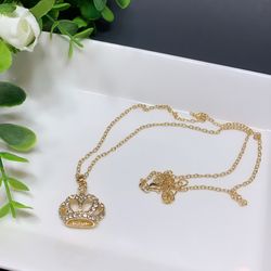 Beautiful Necklace Crown Choker Crystal Pendant Chain, Gold Color
