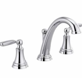 Delta Woodhurst Chrome Bathroom Faucet 3 Hole, 8 Inch Widespread Bathroom Sink Faucet for Vanity, Metal Push-Pop Drain Assembly, Chrome 3532LF