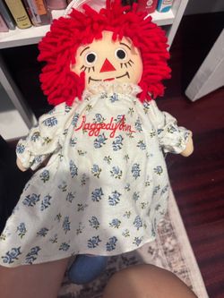 Raggedy Ann Doll Blue Floral Dress Stuffed