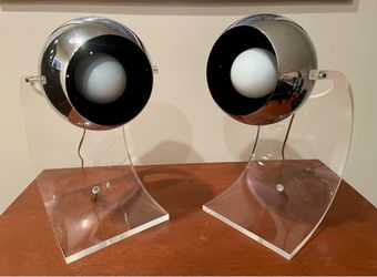 Vintage MCM Robert Sonneman Acrylic Lucite Chrome Space Age Eyeball Lamps