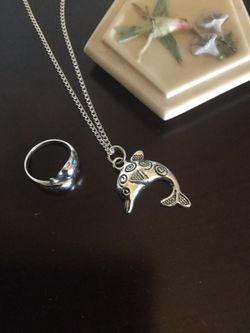 Dolphins 🐬 Sterling Silver ring 💍. Silver plated necklace with Dolphin 🐬 💦