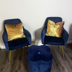 Velvet Blue Chair Set  With Ottoman 