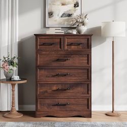 2500b $130  Walnut 6 Drawer Dresser for Bedroom, 44" Tall Chest of Drawers Brushed Metal Handles, Unique Base Design, Replicated Wood Grain Finish, Mo
