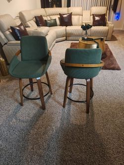 Set of 2 Green Upholstered Bar Stools