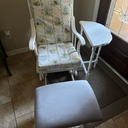 Dutailier White Wood Glider Rocking Chair with Foot Rest - Side Table 