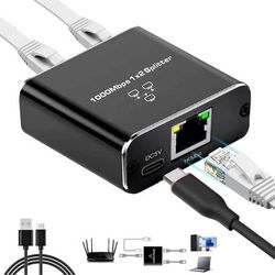 new Gigabit Ethernet Splitter 1 to 2-1000Mbps High Speed RJ45 Port Multiplier with USB-C Power, LAN Network Switch for Cat5/5e/6/7/8 Cables, Plug & Pl