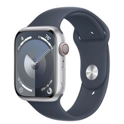 New Apple Watch Series 9 [GPS + Cellular, 45mm] - Aluminum Silver Case with Storm Blue Sport Band, M