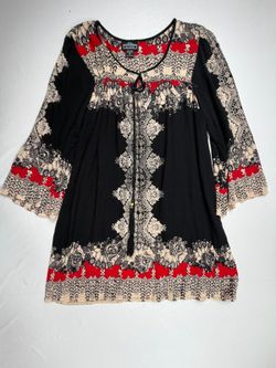 Angie Women's Rayon Bohemian Blouse with Red & Beige Pattern