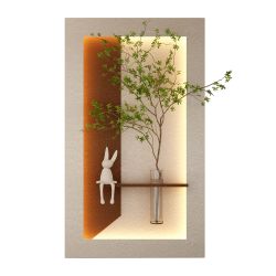 Adjustable 3-Color LED Sandstone Wall Decor with Simulated Green Plants - 3D Art Sculpture, Glass Vase & Rabbit Statue, Remote Control Light Strips fo