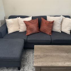 Modern Grey couch, Portable Storage Ottoman,  and Pillows.