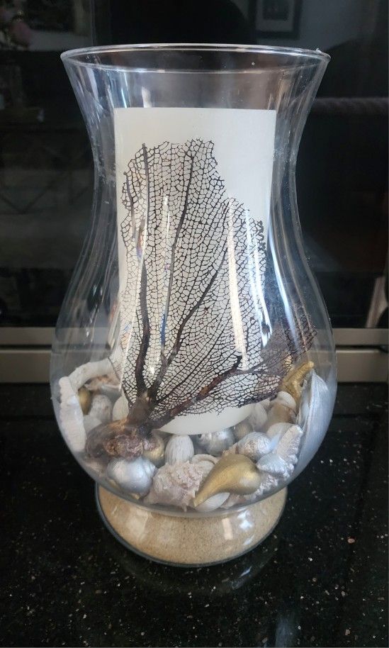 Tall, Coastal Glass, Candle Holder with Shells