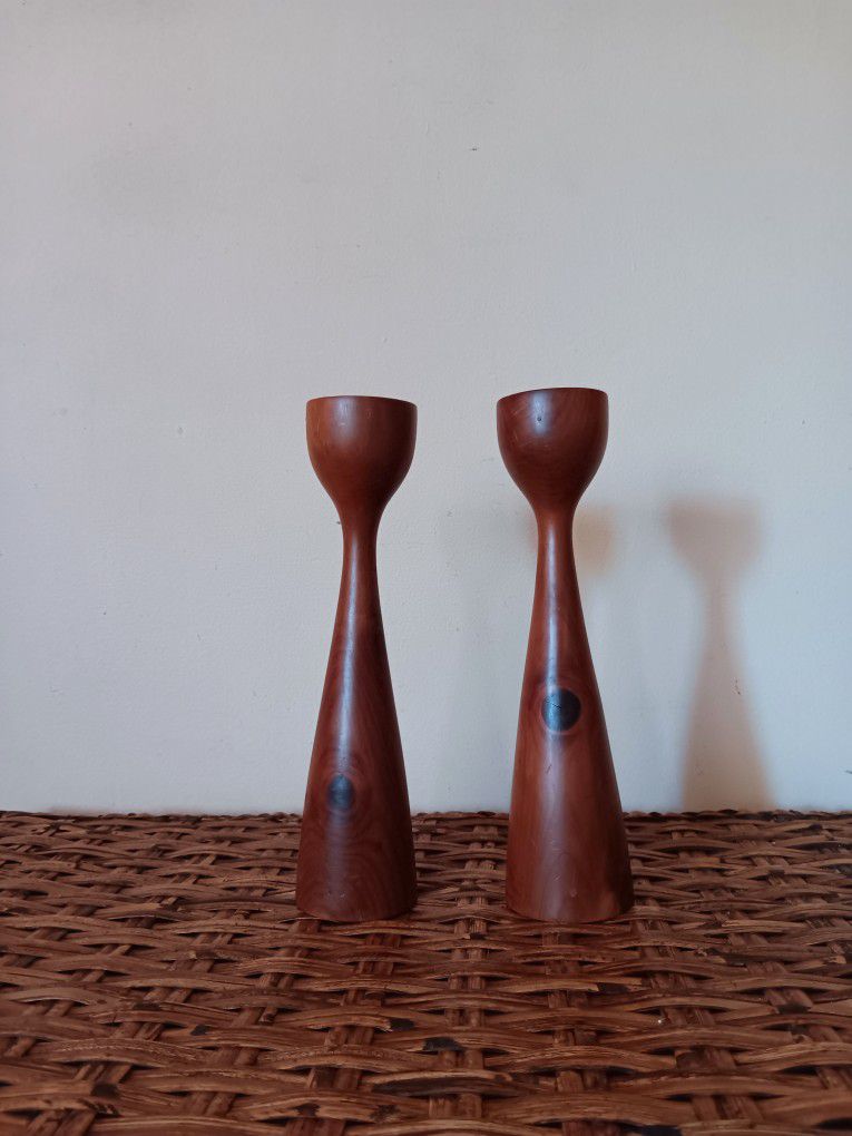 Danish Bermuda Wood Candlestick Holders, Pair 9" Wooden Candle Holders 
