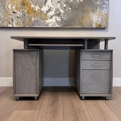 47” Grey Wood Grain Computer Desk with Storage, Keyboard Tray & File Cabinet