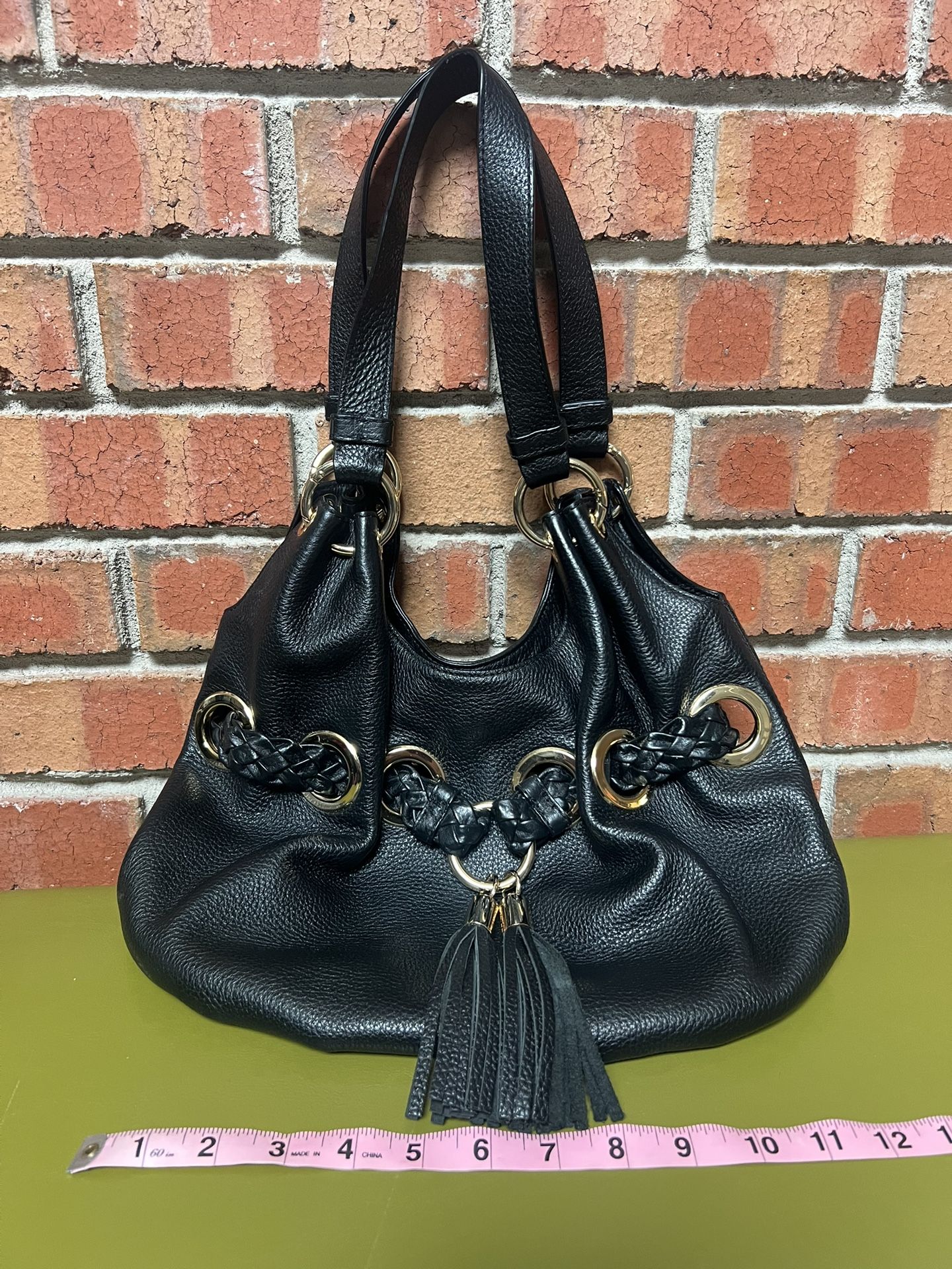 Michael Kors Vintage Black Leather Satchel Shoulder Handbag with Grommet/Tassle