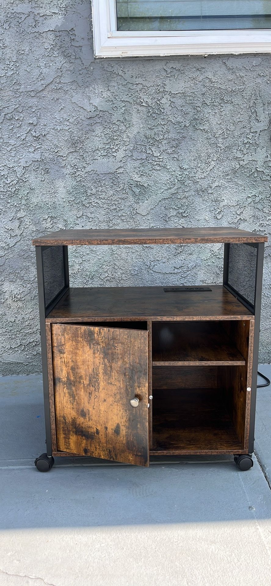 Rolling Plug-In Dark Brown/Black Printer stand/TV stand with outlets/usb cords and storage