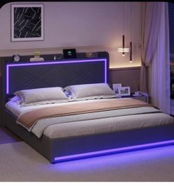 LED Bed Frame with Storage Headboard