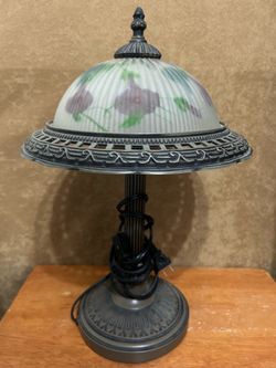 VTG Style Table Lamp Reverse painted Morning Glorys Frosted Dome Metal Base 22''