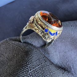 Yellow White And Rose Gold Antique Ring With Citrine Stone And Rose Design