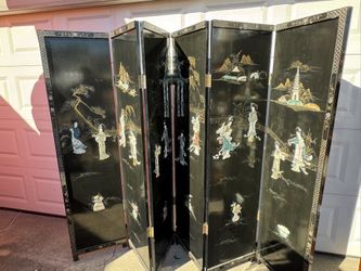6 Vintage Asian Black Lacquer Wall Panel