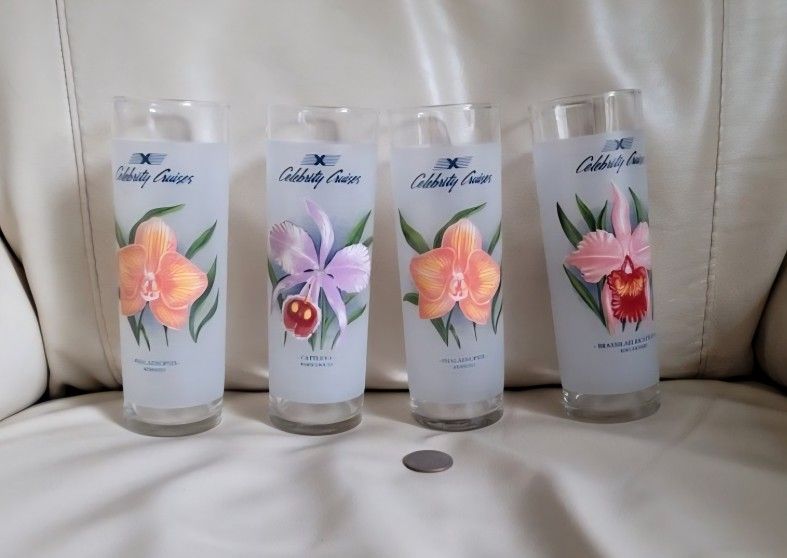 Vintage Tall Dinking Glasses Set Of 4 Celebrity Cruises Collectible Table Serving Accessories.