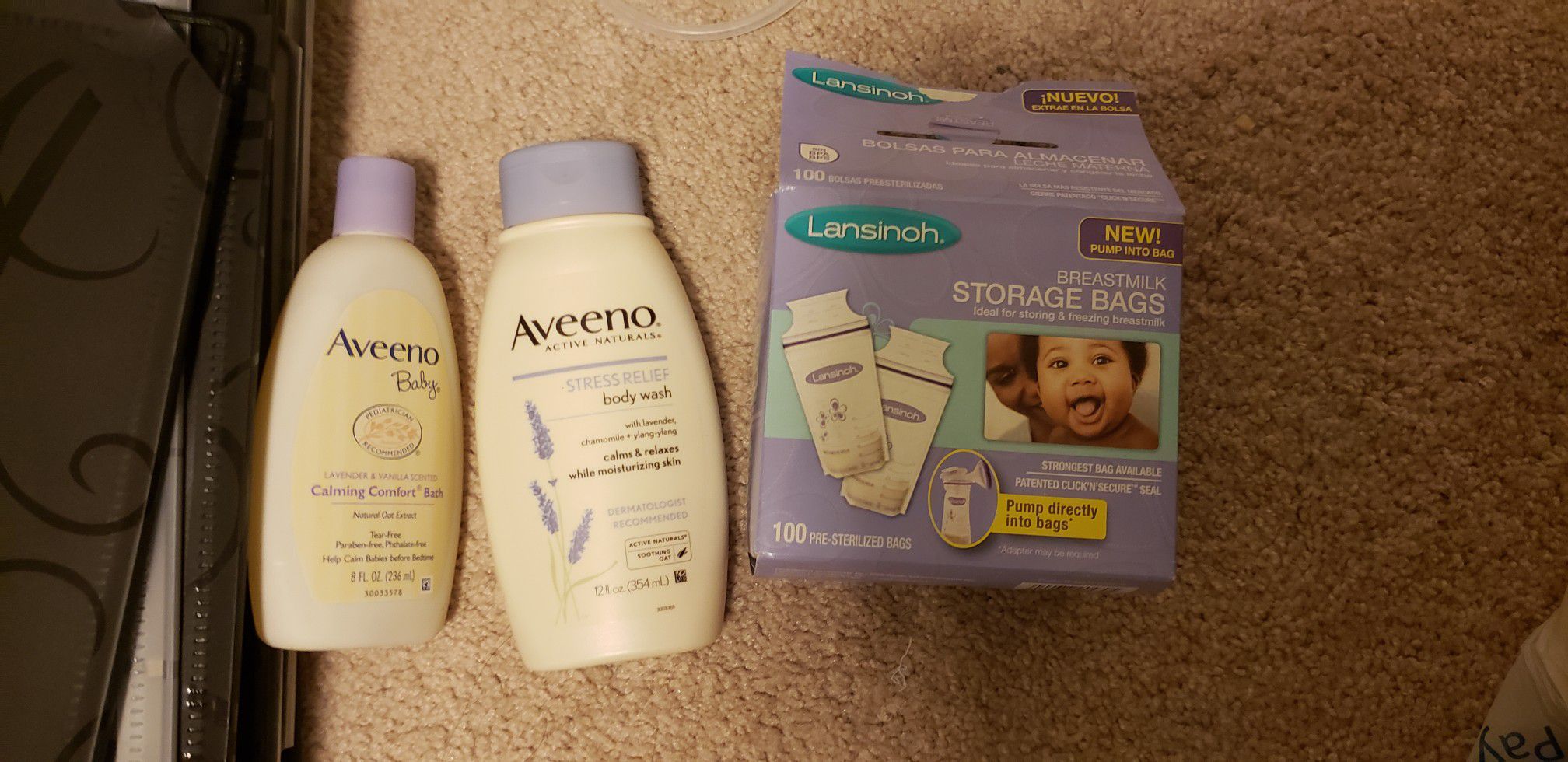 Aveeno baby products and lansinoh storage bags