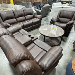 Brown Living Room Recliner 3Pcs Sofa Set (3.24) Juego de sofás reclinable marrón para la sala de estar de 3 piezas 