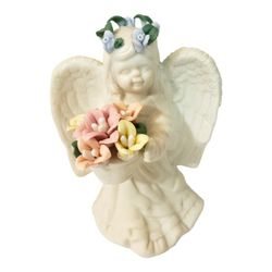 Vintage Porcelain Candle Holder Figurine - Girl Angel with Flowers