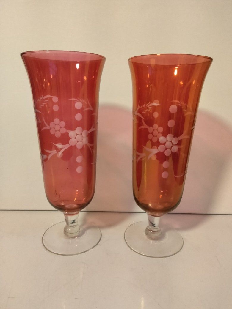 Vintage Ruby Etched Glass Vases Set Of Two