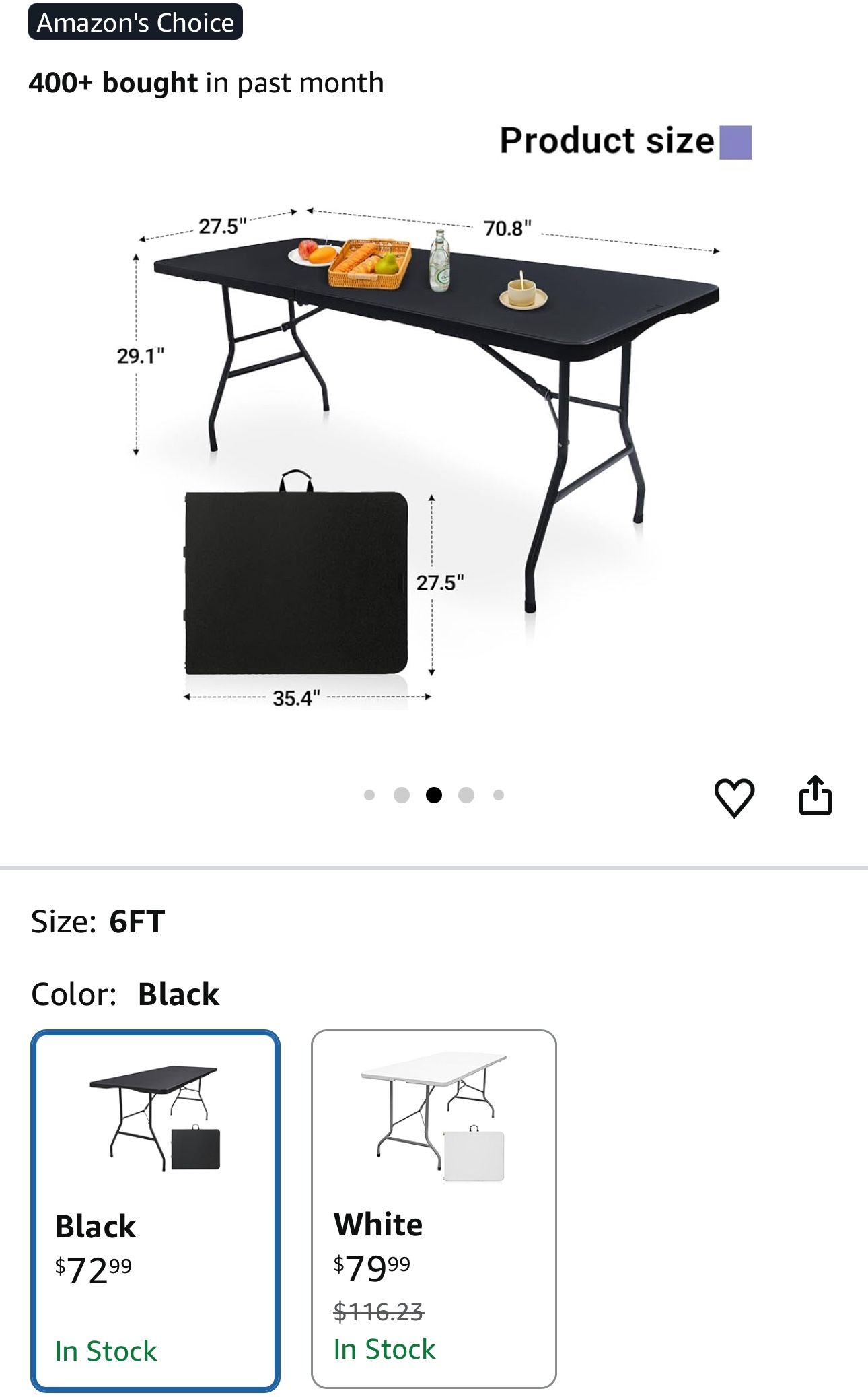 Folding Table 6ft Portable Heavy Duty Plastic Fold-in-Half 6 Foot Foldable Table Utility Dining Indoor Outdoor for Camping Picnic and Party, Black