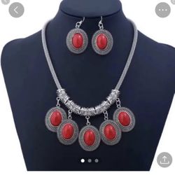 Oval Retro Turquoise Jewelry Set Necklace And Earrings