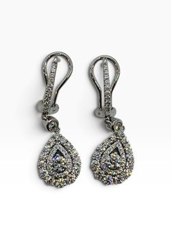 14K White Gold Diamond Dangling Pear Earrings w/ Round Dias .91 TCW | 5.6 Grams