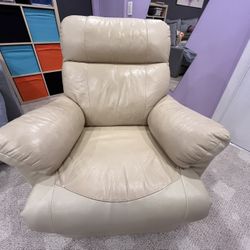 Comfy Cream Leather Recliner Armchair — Lay-Flat!