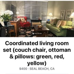 Coordinating Living Room Furniture - Couch, Chair, Ottoman & Pillows (green, red & yellow)