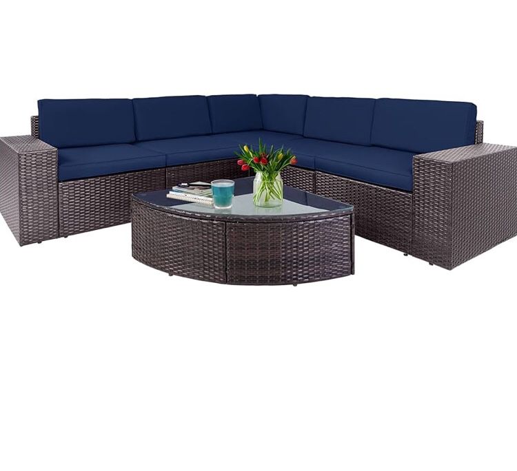 Outdoor Patio Furniture Set 6-Piece Brown Wicker Conversation Sets Modular Sectional Sofa Set with Glass Coffee Table