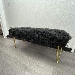 Black Faux Fur Ottoman Bench Upholstered Furry Entryway with Gold Metal Legs, Modern Contemporary Hair Foot Rest Stoo