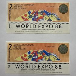 (2) Australian Bicentenary  - 2 Expo Dollars - 1988 ( Consecutive Serial # )