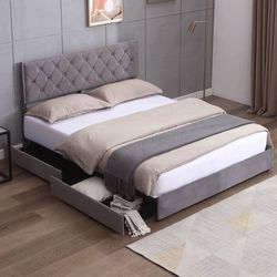Beautiful Tufted Platform Storage Queen Size Bed + Mattress