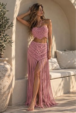 Women’s Pink Macrame Top & Skirt Set 🩷