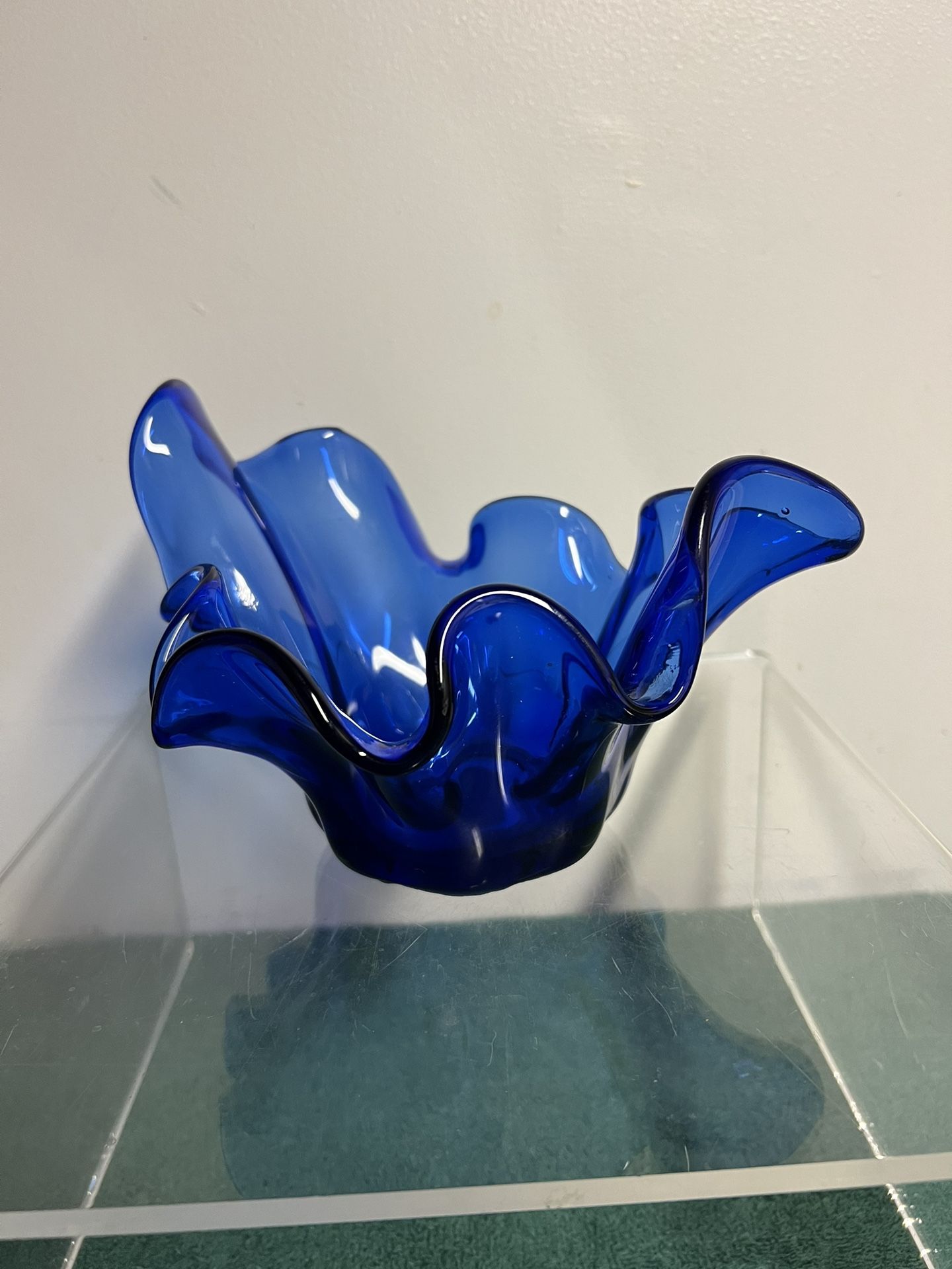 Vintage “Hand Blown” Cobalt Ruffled Edge Dish !
