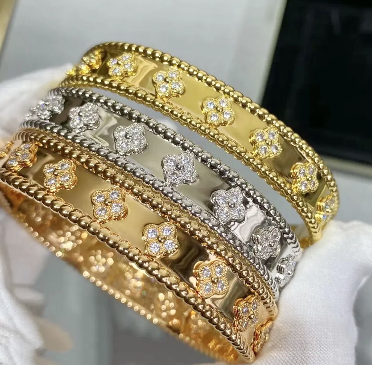 Italy 925 Sterling Silver Perlée clovers bracelet, 18K Gold Layered, High Polished, Anti Tarnish ( Choose Your Color)