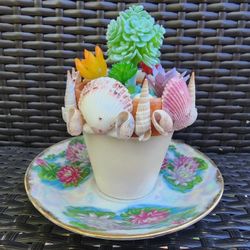 Upcycled Pot W/Seashells And Faux Succulents 