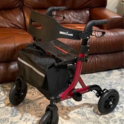 Walker, Assembled Red Rolling Seat Cart Large Wheels, Foldable and Lightweight, Cup and Cane Holder
