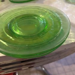 5 uranium glass tea cup saucers mixed 