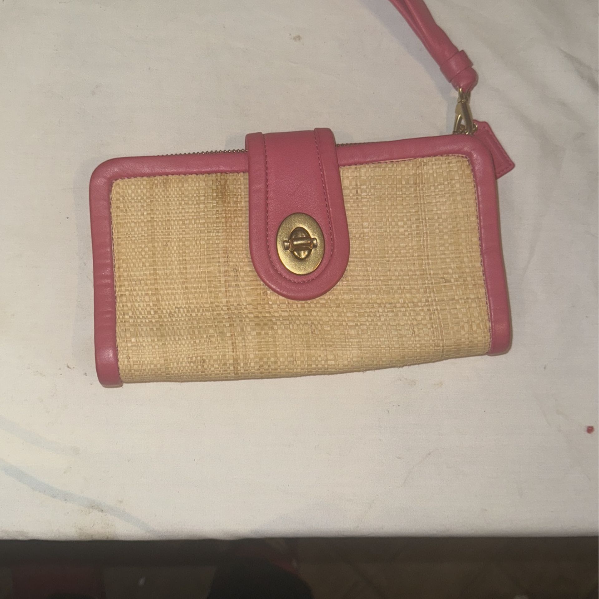 $40 COACH L0 4 Authentic CLUTCH WRISTLET Khaki Pink Zipper Tab Close Purse Bag Hang Tag