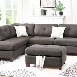 Brand New Dark Grey Sectional Sofa w Storage Ottoman 