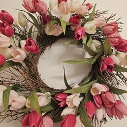 $10.00 - Wreath, Beautiful Faux Tulips In Pink Colors!  Lowest Price!