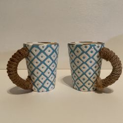 Mud Pie Raised Blue White Diamond Pattern Ceramic Mugs with Real Rope Handles 